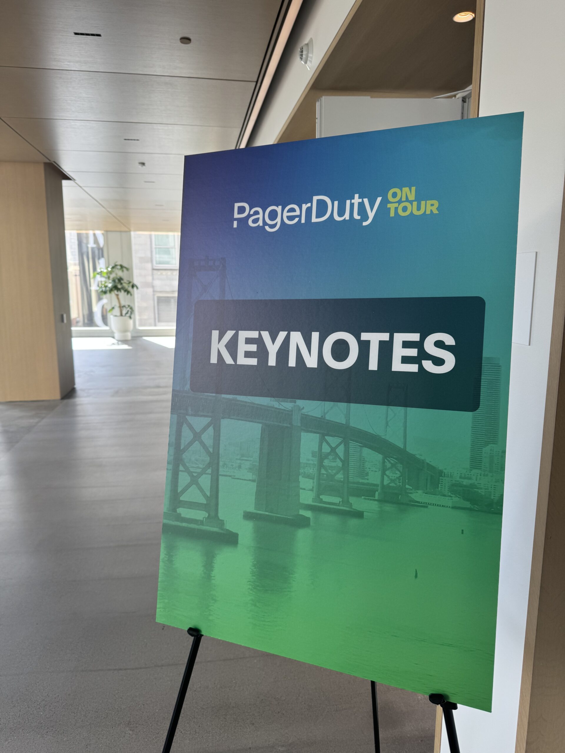 PagerDuty on Tour Keynotes signage at Chase Center San Francisco with Bay Bridge imagery