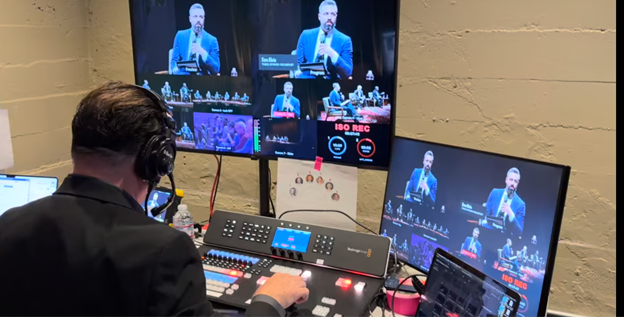 Argus HD video switcher position during the live distribution of The Ezra Klein Show, with seven-camera multiviewer and Ezra Klein lower-third graphic on program.