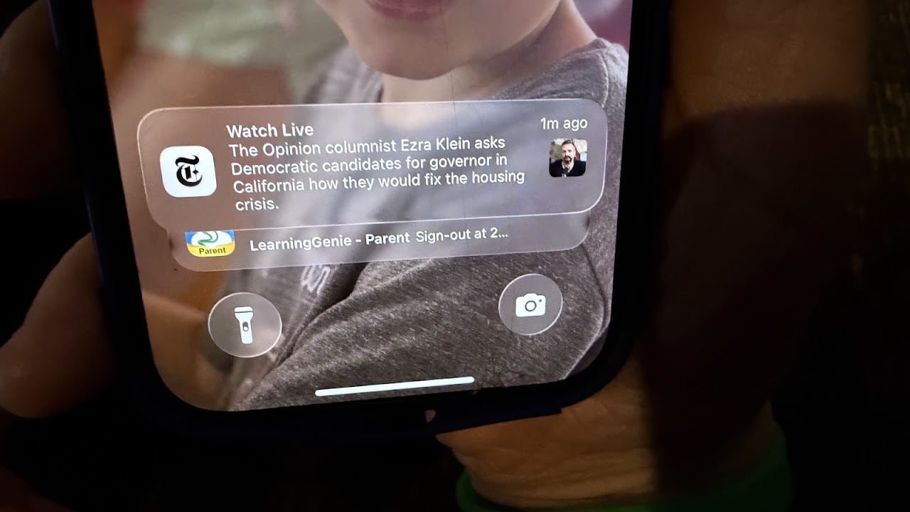 New York Times Watch Live push notification for the Ezra Klein Show California governor forum